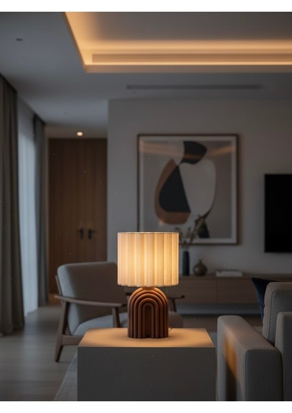 Modern Pliseli Ahşap Desen Abajur | Masa Lambası | Ev Dekorasyonu | Hediyelik Eşya fiyatları