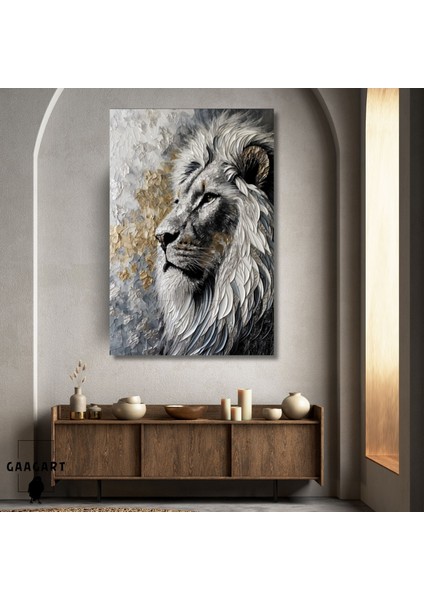 Tekli Dikey Kanvas Tablo Yağlı Boya Görünümlü Silver Gold Aslan Portresi