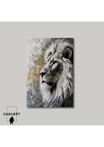 Tekli Dikey Kanvas Tablo Yağlı Boya Görünümlü Silver Gold Aslan Portresi modelleri