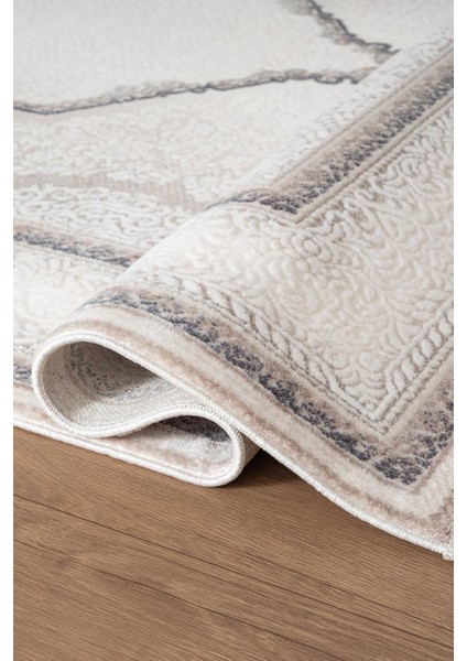 Indigo ID001M Krem Mavi Klasik Çerçeveli Desen Akrilik Iplik Tozuaz Pamuk Taban Salon Mutfak Halısı fırsatları