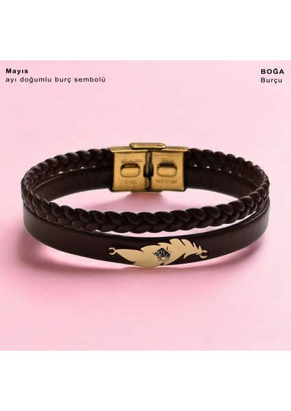 14 Ayar Plakalı Altın Boğa Burçları Için Kahverengi Derili Yaprak Figürlü Hediye BILEKLIK-680