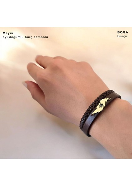 14 Ayar Plakalı Altın Boğa Burçları Için Kahverengi Derili Yaprak Figürlü Hediye BILEKLIK-680 fiyatları