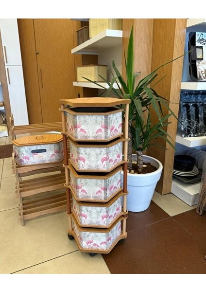 Ahşap Altıgen Sebzelik 5 Katlı Yana Açılır Patates Soğan Tekerlekli Sebzelik Flamingo