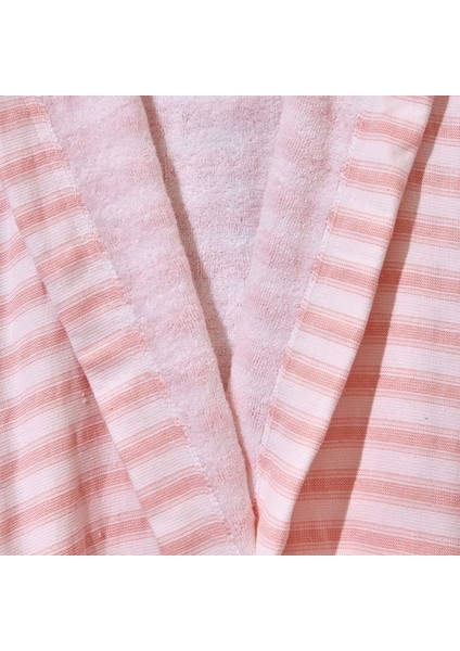 Soft Kapüşonlu Çizgili Kadın Bornoz - Beyaz / Pembe - L / Xl fiyatları