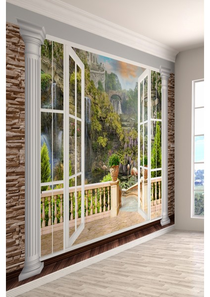 3D Açık Pencere Balkon ve Şelale Manzaralı Tek Parça Duvar Kağıdı