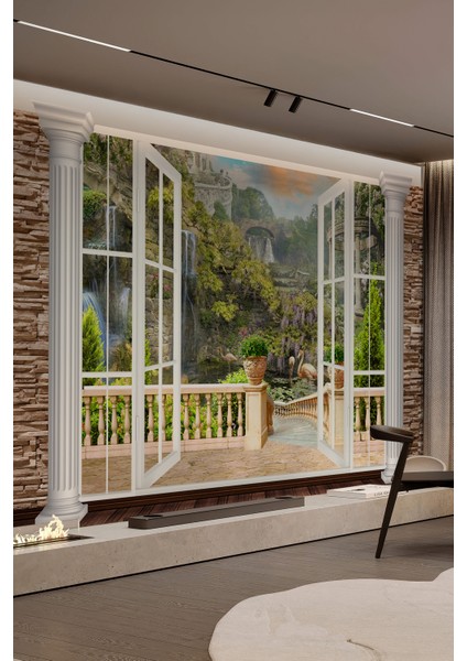 3D Açık Pencere Balkon ve Şelale Manzaralı Tek Parça Duvar Kağıdı fiyatları