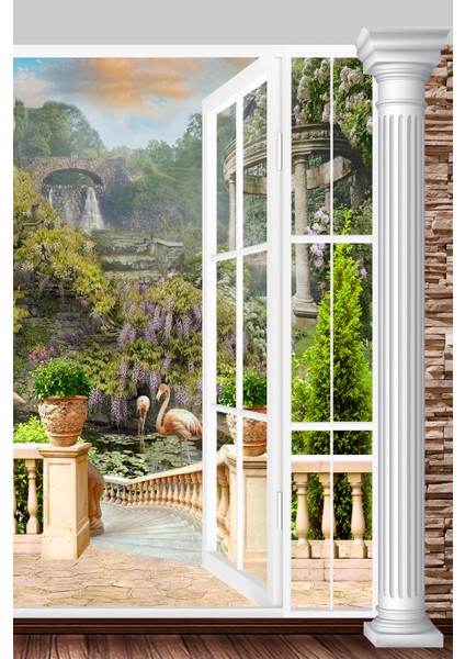 3D Açık Pencere Balkon ve Şelale Manzaralı Tek Parça Duvar Kağıdı modelleri