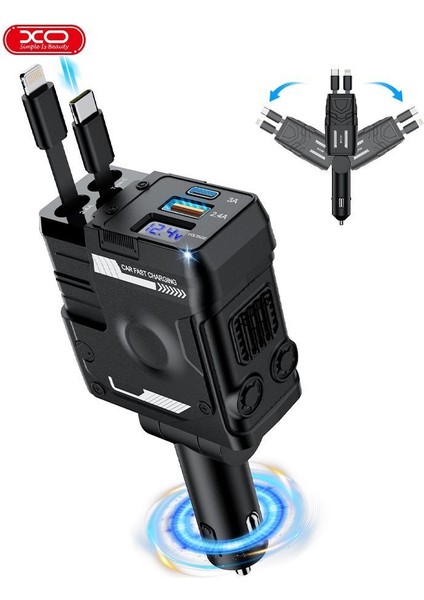 XOCC66 104W Dahili Type-C & Lightning Kablolu Usb-A & Usb-C Çıkışlı Araç Içi Çakmaklık Şarj Aleti