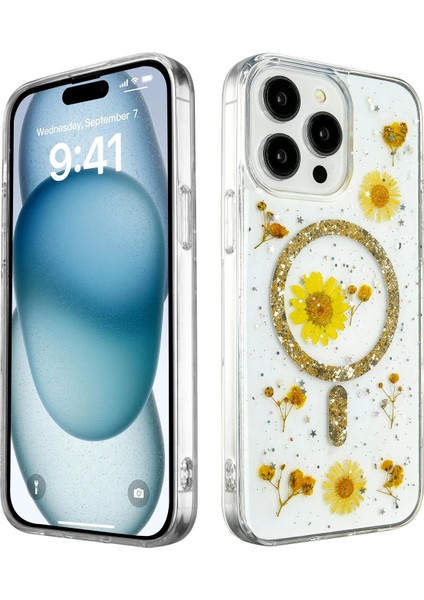 Bfs iPhone 15 Pro Kılıf Daisy Simli Magsafe Kapak - Gold