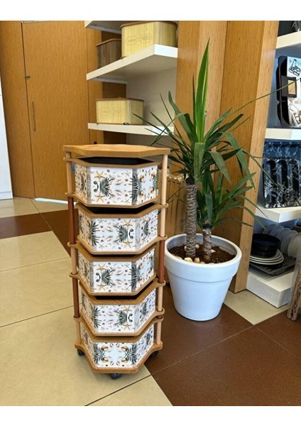 Ahşap Altıgen Sebzelik 5 Katlı Yana Açılır Patates Soğan Tekerlekli Sebzelik Deniz