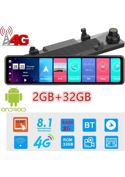 4g Hb-20 32GB 12 Inç Dokunmatik Ayna Kamera Android Uzaktan Izlemeli 1080P Ön ve Arka Araç Kamera.(Türkçe Menü)