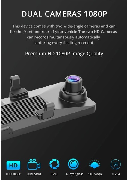 4g Hb-20 32GB 12 Inç Dokunmatik Ayna Kamera Android Uzaktan Izlemeli 1080P Ön ve Arka Araç Kamera.(Türkçe Menü)