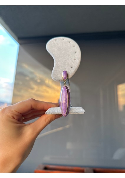 Gold Detaylı Oval Küpe-Mor