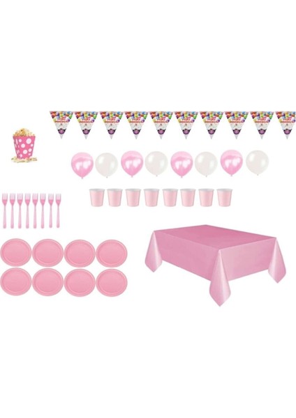 Pembe Doğum Günü Tabak Bardak Seti 8 Kişilik