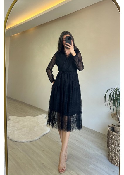 Kadın Kruvaze Yaka Dantelli Tül Elbise NM010 modelleri