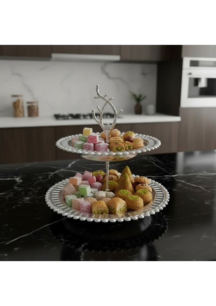 Manolya Iki Katlı Yuvarlak Gümüş Renk Servis Tepsisi modelleri