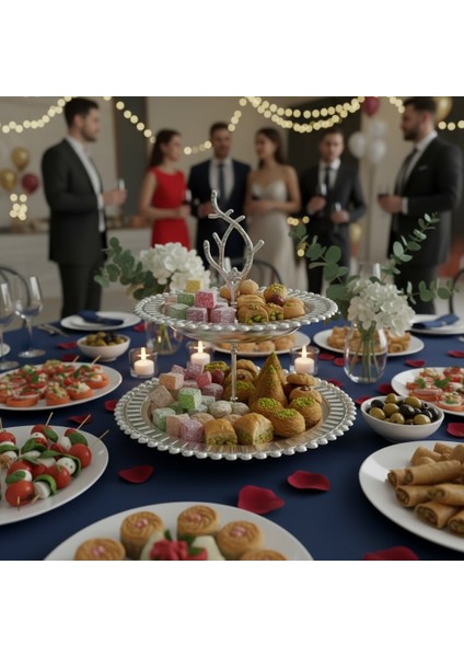 Manolya Iki Katlı Yuvarlak Gümüş Renk Servis Tepsisi fırsatları