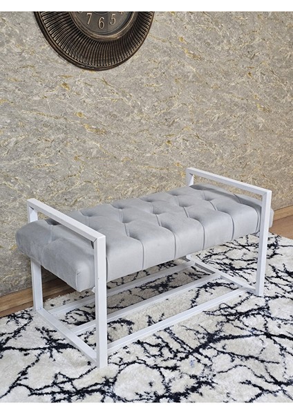 Beyaz Boyalı Metal 80 cm Puf Bench - Antre Puf - Hol Bench - Puf - Oturak - Bench Gri Renk 90 x 45 Boyut/ebat