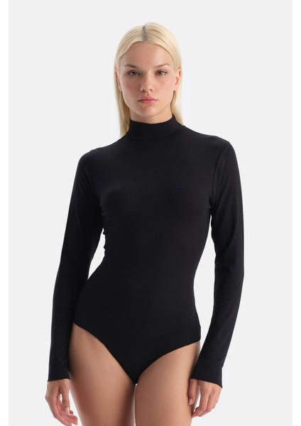 Siyah 5018KC Modal Kaşmir Uzun Kollu Balıkçı Yaka Bodysuıt