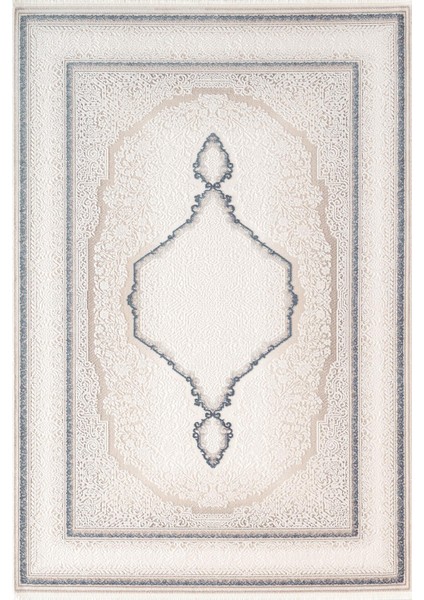 Indigo ID001M Krem Mavi Klasik Çerçeveli Desen Akrilik Iplik Tozuaz Pamuk Taban Salon Mutfak Halısı