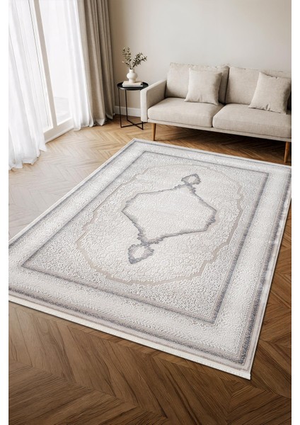 Indigo ID001M Krem Mavi Klasik Çerçeveli Desen Akrilik Iplik Tozuaz Pamuk Taban Salon Mutfak Halısı fiyatları