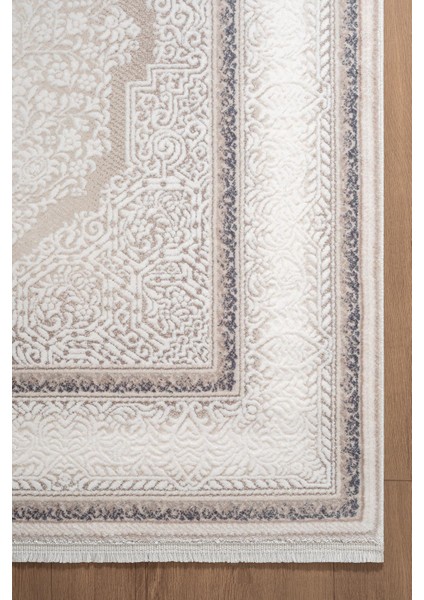 Indigo ID001M Krem Mavi Klasik Çerçeveli Desen Akrilik Iplik Tozuaz Pamuk Taban Salon Mutfak Halısı indirimleri