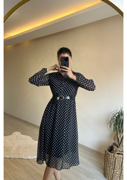 Kadın Gömlek Yaka Puantiye Desenli Şifon Elbise NM019 modelleri