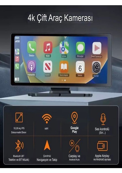 Wi-Fi Carplay Android 10.26" 4K Çift Kamera Fm Radyolu Araç Multimedya Ekranı Tak Çalıştır fiyatları