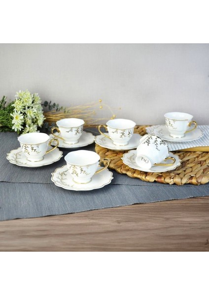 Valeria Porselen 6'lı Kahve Fincanı - Beyaz / Altın