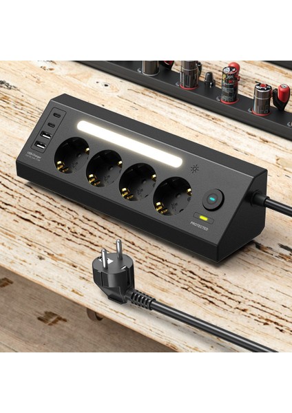 Çoklu Gece Lambalı Priz Yüksek Gerilim Korumalı 4'lü Priz 2xusb 2xtype-C Çıkışlı Grup Priz Çoğaltıcı