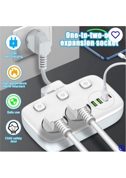 Akım Korumalı 2’li Ayrı Anahtarlı Priz, 2x Priz, 3x Usb, 1x Type-C, 2 mt Kablo, Hızlı Şarj