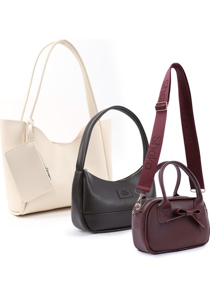 Krem/ Kahverengi/ Bordo SHK261 Suni Deri El, Kol ve Omuz 3'lü Çanta Seti (SHK108-SHK229-SHK217)