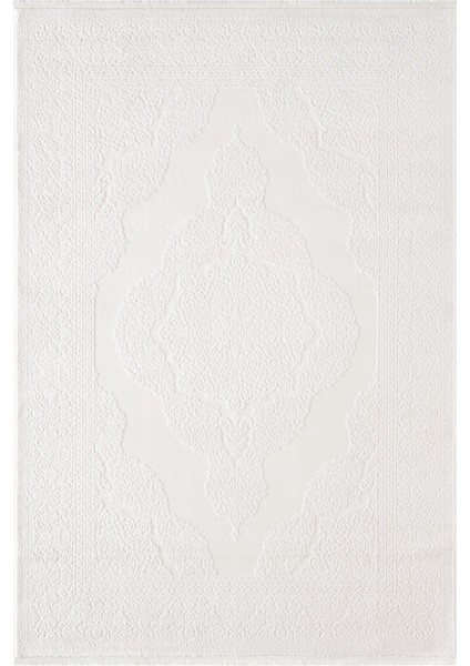 Indigo ID006W Beyaz Klasik Çerçeveli Desen Akrilik Iplik Tozuaz Pamuk Taban Salon Mutfak Halısı