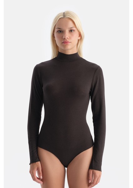 Koyu Kahve 5018KC Modal Kaşmir Uzun Kollu Balıkçı Yaka Bodysuıt