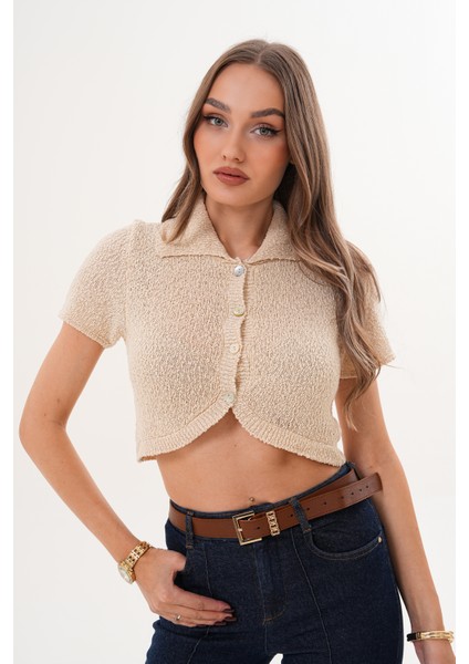 Düğme Detaylı Örme Crop
