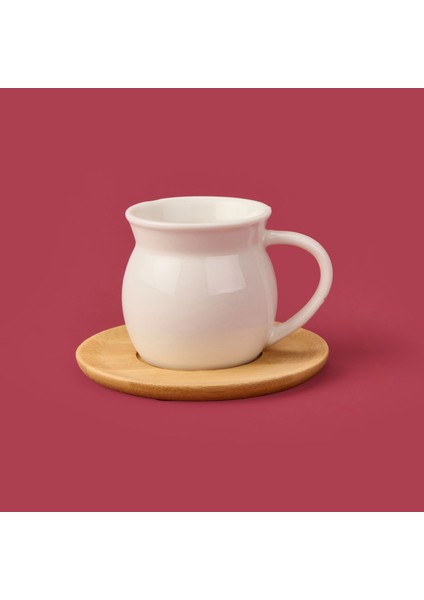 Bambu Tabaklı Geniş Fincan Seti - Açık Kahverengi / Beyaz - 100 ml