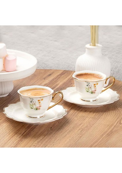Valeria Çiçekli 6'lı Kahve Fincanı - Beyaz / Sarı