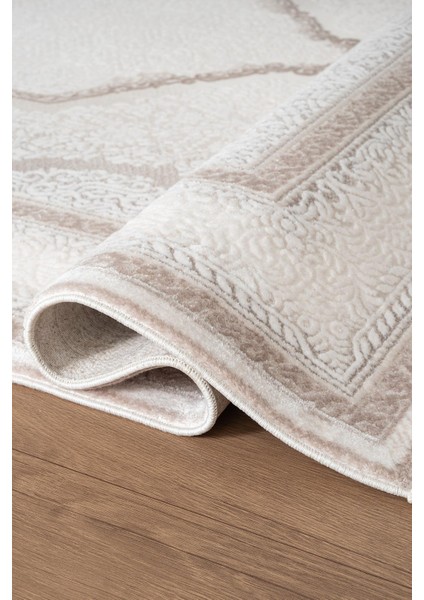 Indigo ID001G Krem Klasik Çerçeveli Desen Akrilik Iplik Tozuaz Pamuk Taban Salon Mutfak Halısı fırsatları