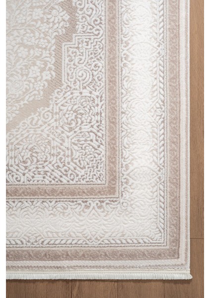 Indigo ID001G Krem Klasik Çerçeveli Desen Akrilik Iplik Tozuaz Pamuk Taban Salon Mutfak Halısı indirimleri