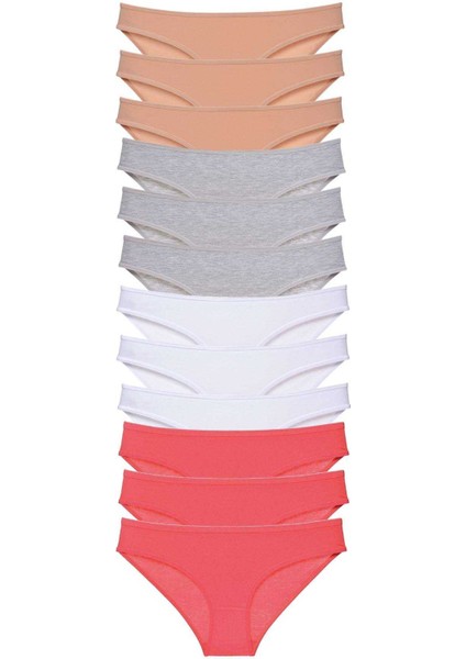 12 Adet Süper Eko Set Likralı Kadın Slip Külot Ten Gri Beyaz Fuşya