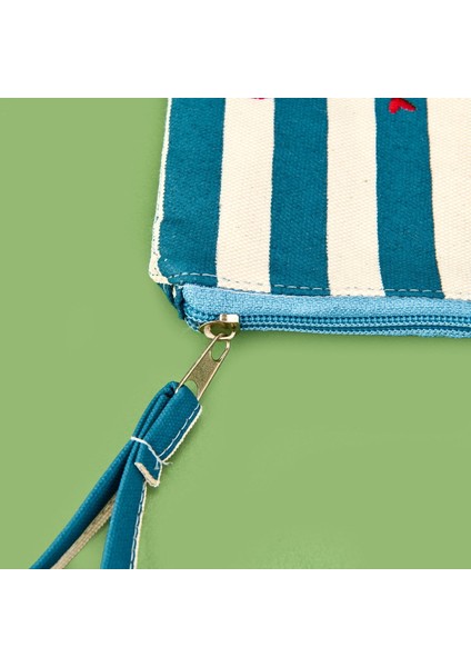 Çizgili Kalp Detaylı Kozmetik Çantası - Mavi / Bej - 16X25 cm modelleri