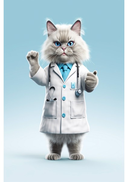 Dekoratif Doktor Kıyafetli Kedi Kanvas Tablo