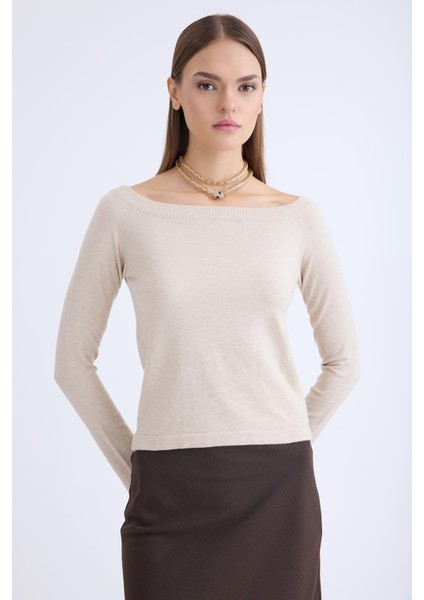 Kayık Yaka Uzun Kol Triko Bluz