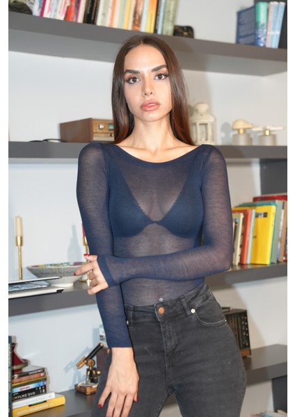 Lacivert Transparan Uzun Kol Bluz