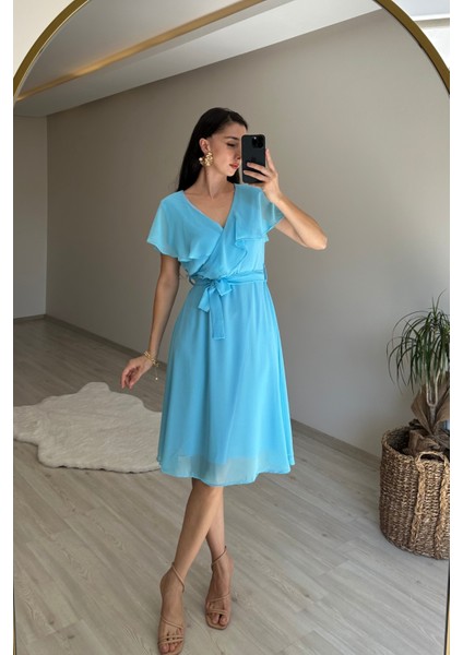 Kadın V Yaka Kuşaklı Mini Şifon Elbise NM007