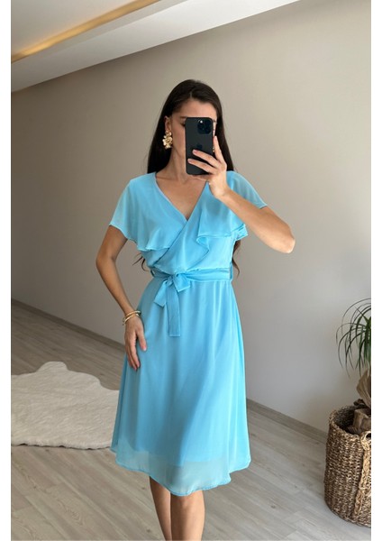 Kadın V Yaka Kuşaklı Mini Şifon Elbise NM007 fiyatları