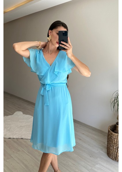 Kadın V Yaka Kuşaklı Mini Şifon Elbise NM007 modelleri