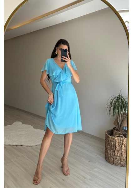 Kadın V Yaka Kuşaklı Mini Şifon Elbise NM007 indirimleri