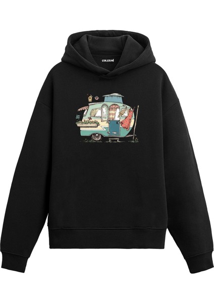 Karavan Kamp Hayatı Tasarım Baskılı Retro Minimal Unisex Kapüşonlu Hoodie