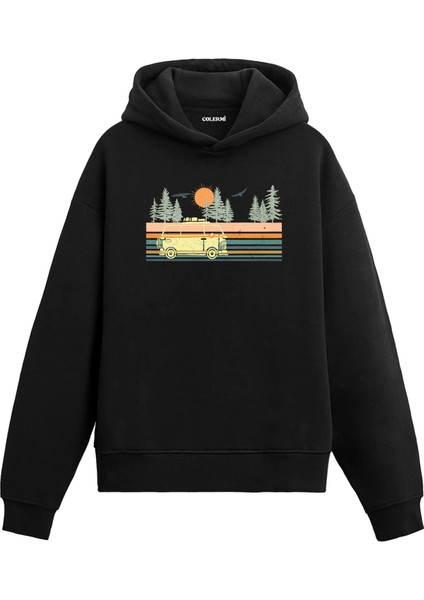 Karavan Kamp Gün Batımı Tasarım Baskılı Retro Minimal Unisex Kapüşonlu Hoodie